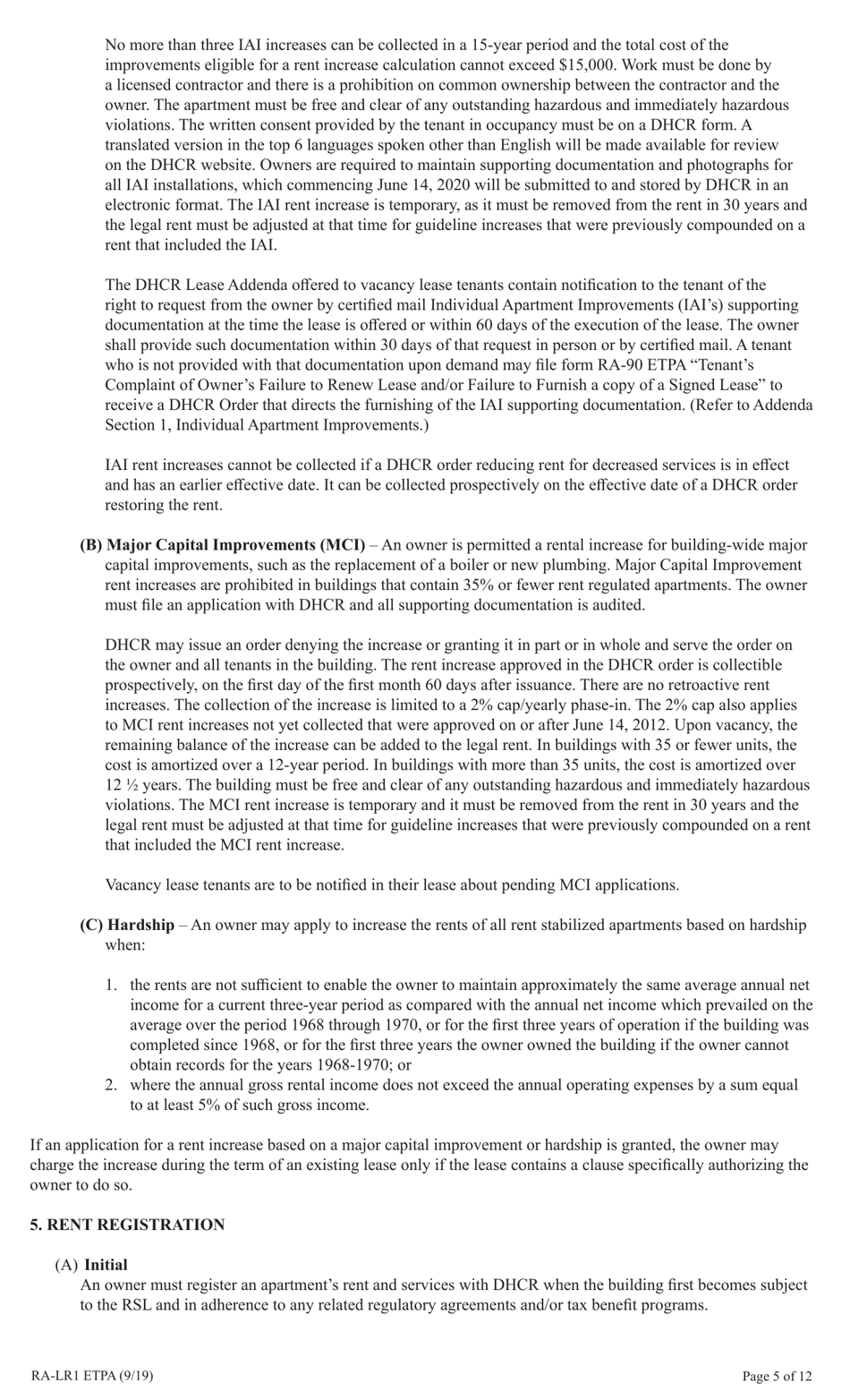 Form RA-LR1 ETPA Emergency Tenant Protection Act (Etpa) Standard Lease Addenda for Rent Stabilized Tenants - New York, Page 5