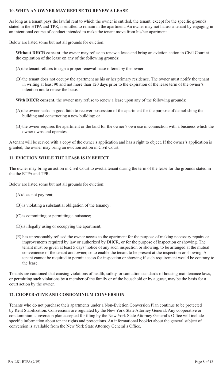 Form RA-LR1 ETPA Emergency Tenant Protection Act (Etpa) Standard Lease Addenda for Rent Stabilized Tenants - New York, Page 8