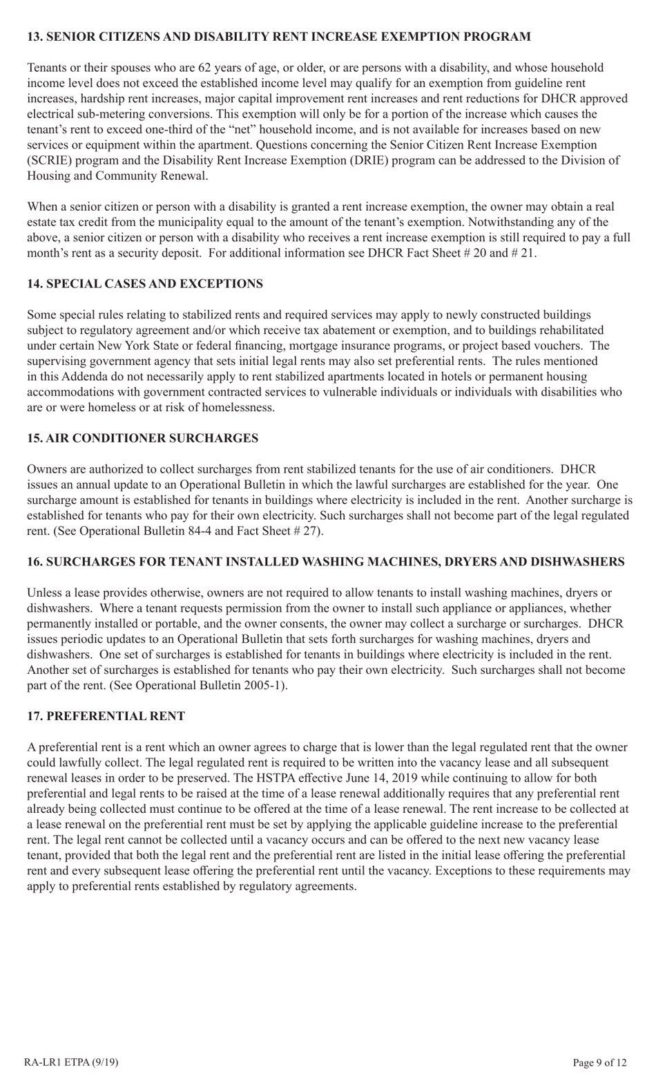 Form RA-LR1 ETPA Emergency Tenant Protection Act (Etpa) Standard Lease Addenda for Rent Stabilized Tenants - New York, Page 9