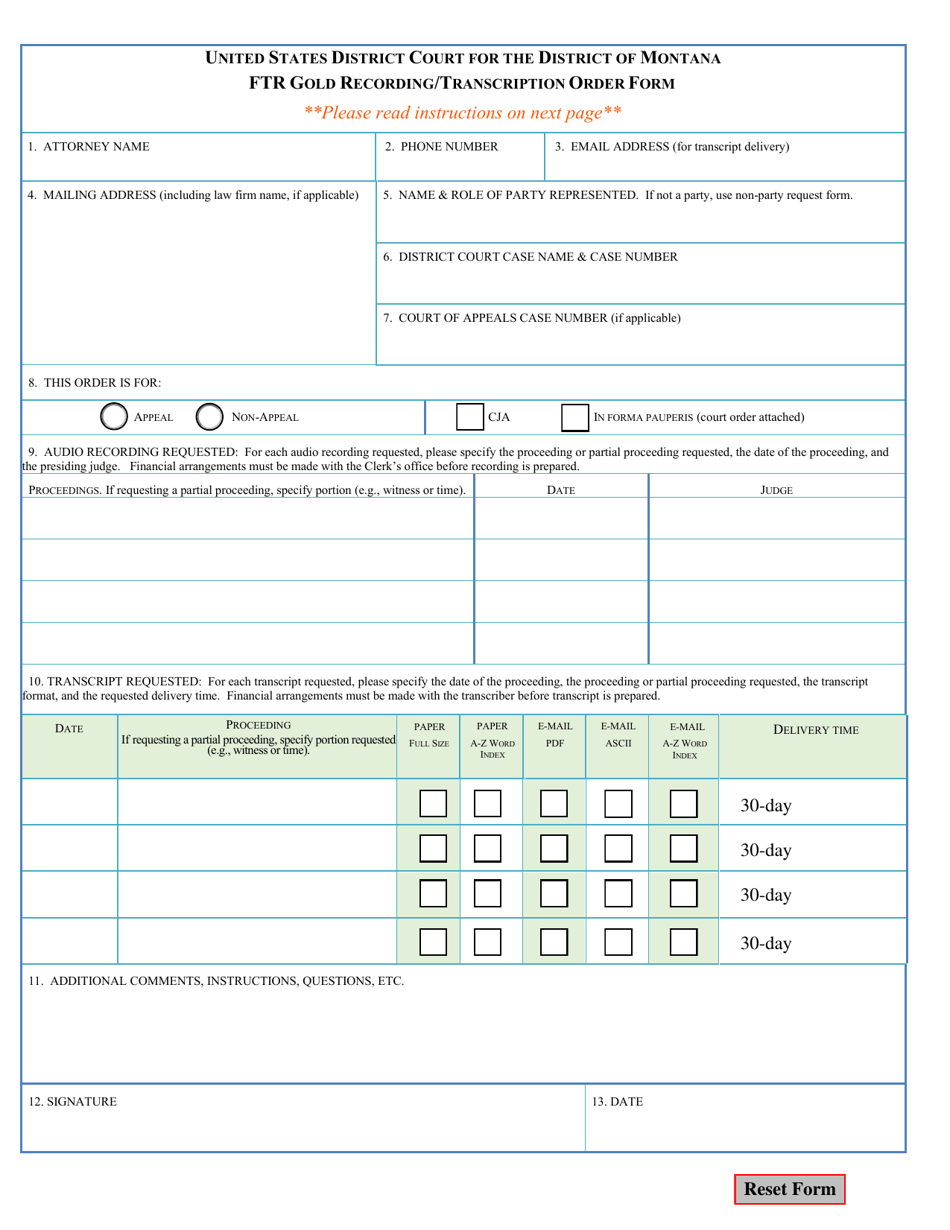 Ftr Gold Recording / Transcription Order Form - Montana, Page 1