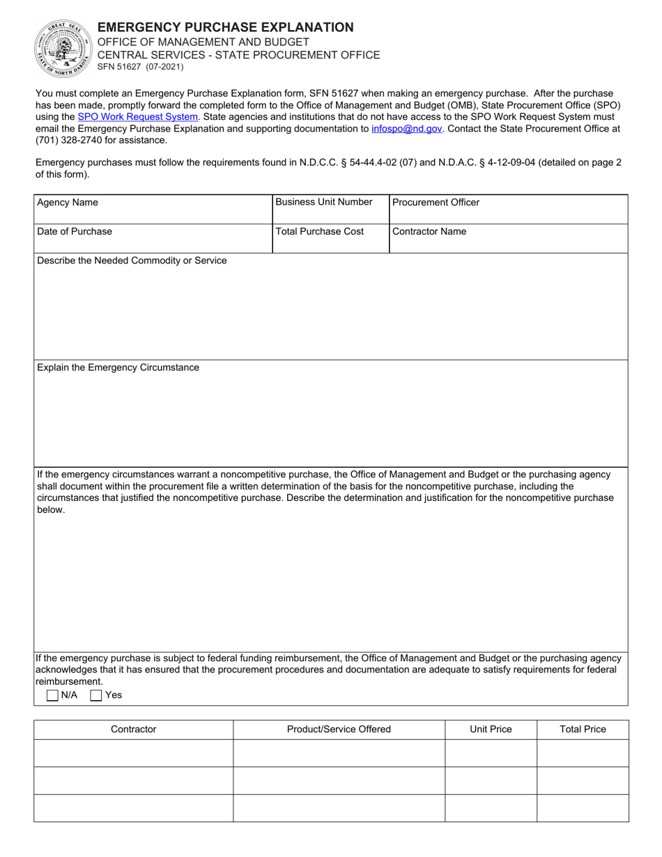 Form SFN51627 Emergency Purchase Explanation - North Dakota, Page 1