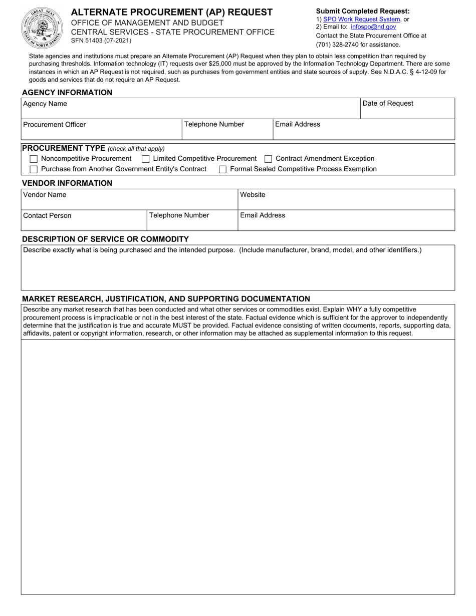 Form SFN51403 Alternate Procurement (Ap) Request - North Dakota, Page 1