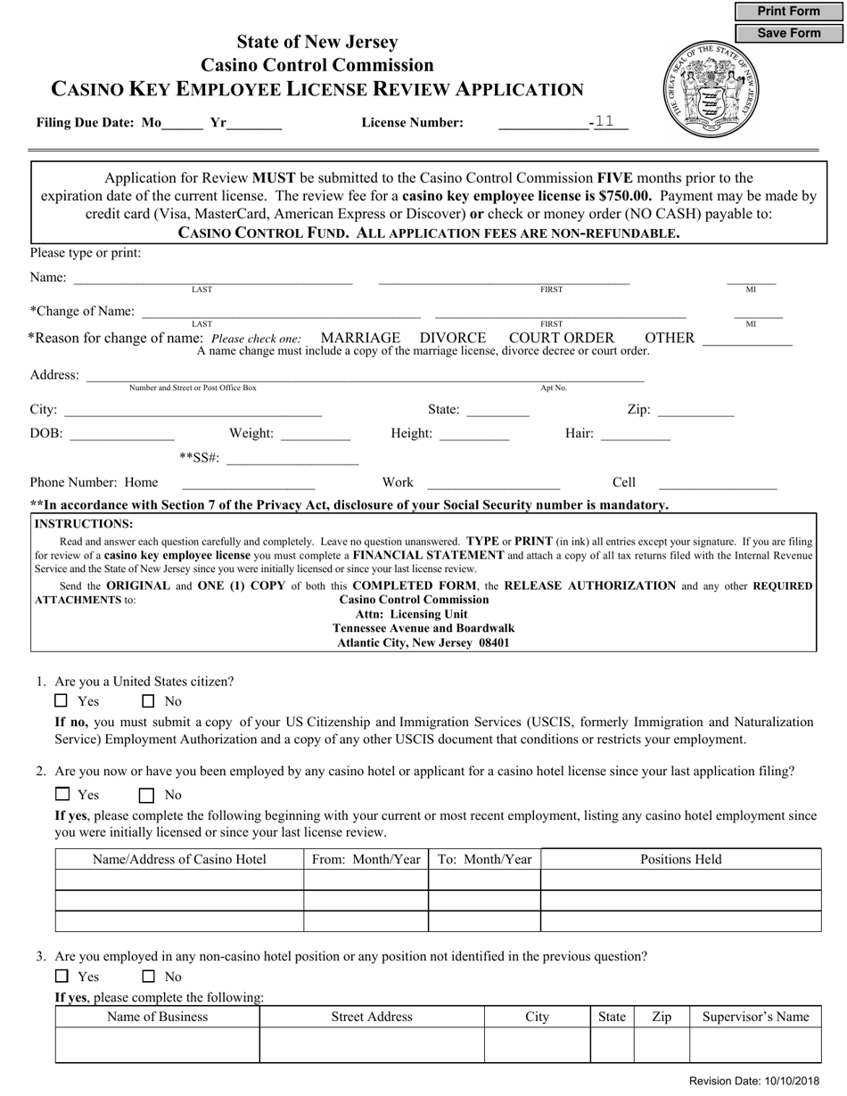 New Jersey Casino Key Employee License Review Application Fill Out
