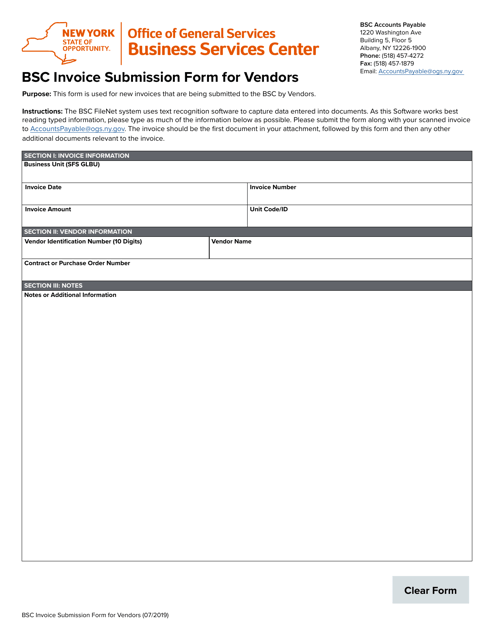 Bsc Invoice Submission Form for Vendors - New York