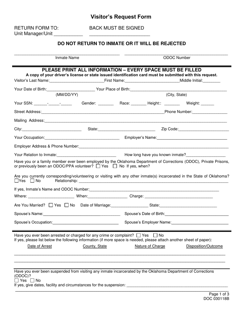 Form OP-030118B Visitors Request Form - Oklahoma, Page 1