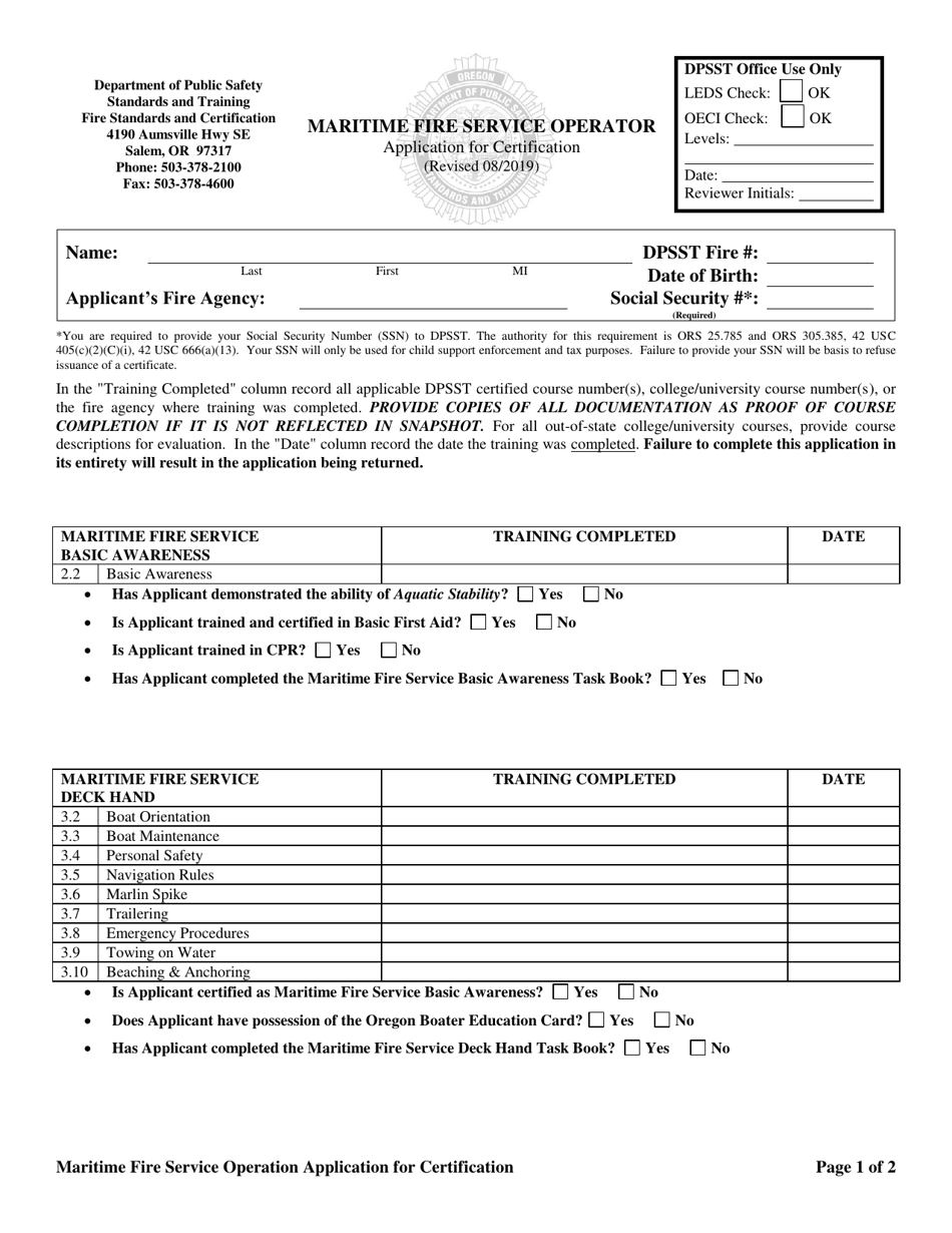 Maritime Fire Service Operator Application for Certification - Oregon, Page 1