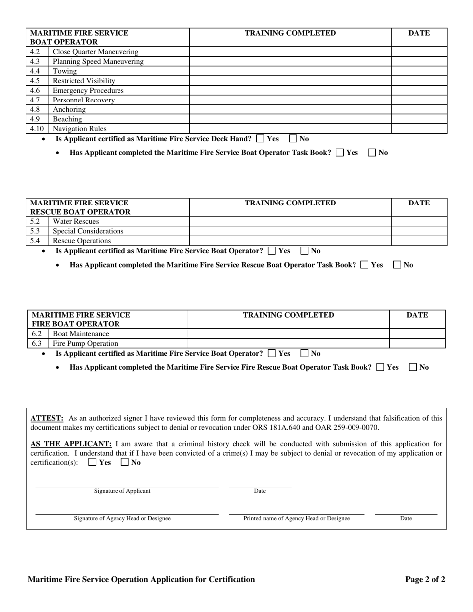 Maritime Fire Service Operator Application for Certification - Oregon, Page 2