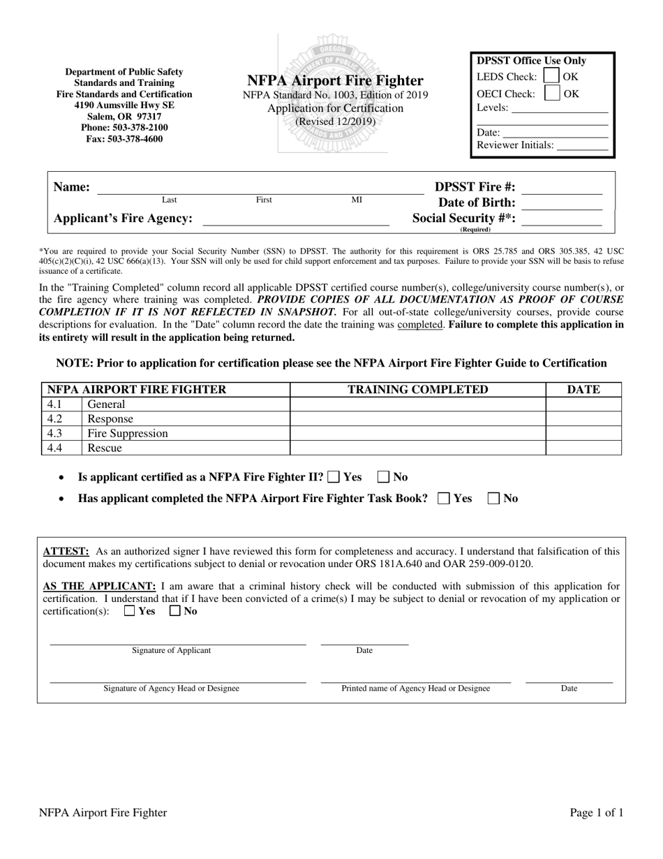 NFPA Airport Fire Fighter Application for Certification - Oregon, Page 1