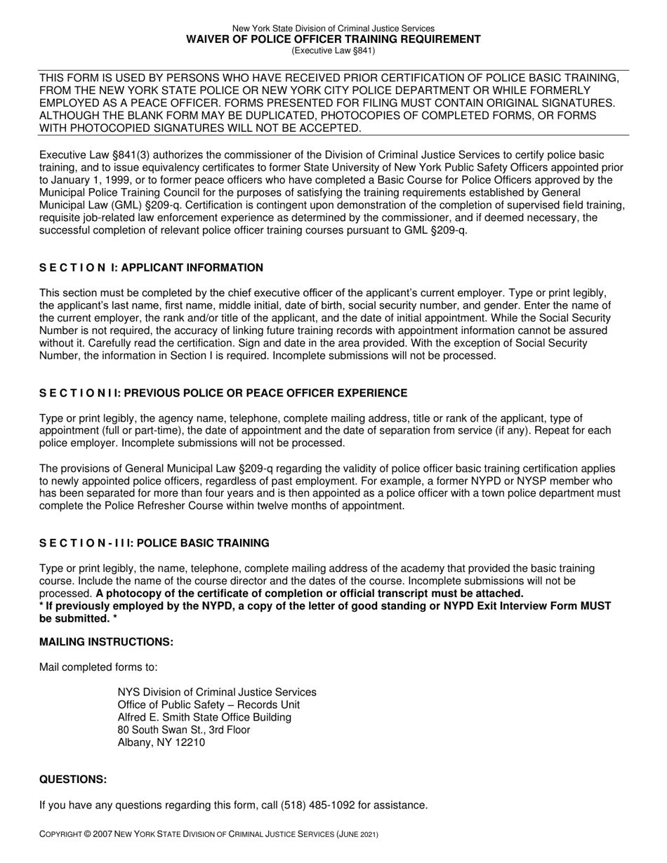 Waiver of Police Officer Training Requirement - New York, Page 1