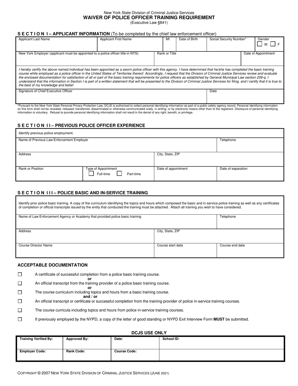 New York Waiver of Police Officer Training Requirement - Fill Out, Sign ...