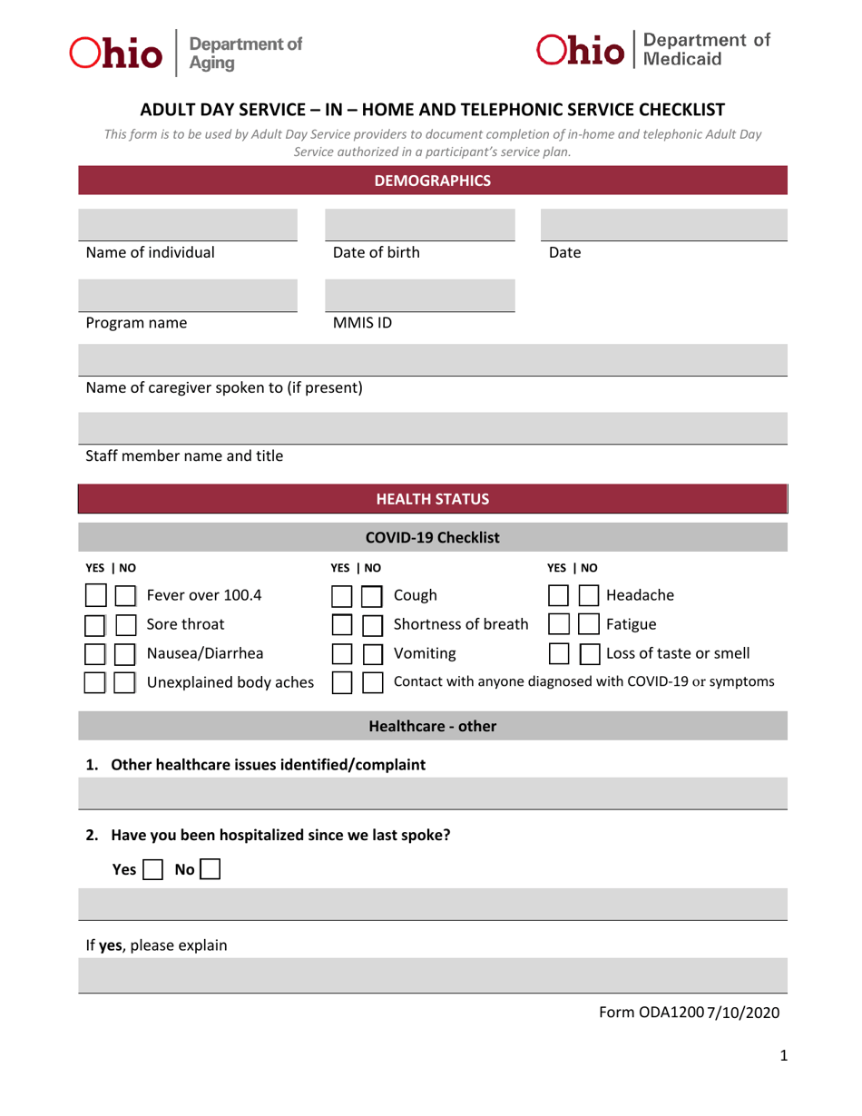 Form ODA1200 Adult Day Service - in-Home and Telephonic Service Checklist - Ohio, Page 1