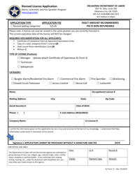 AL Form 11 &quot;Revised License Application - Alarm, Locksmith, and Fire Sprinkler Program&quot; - Oklahoma