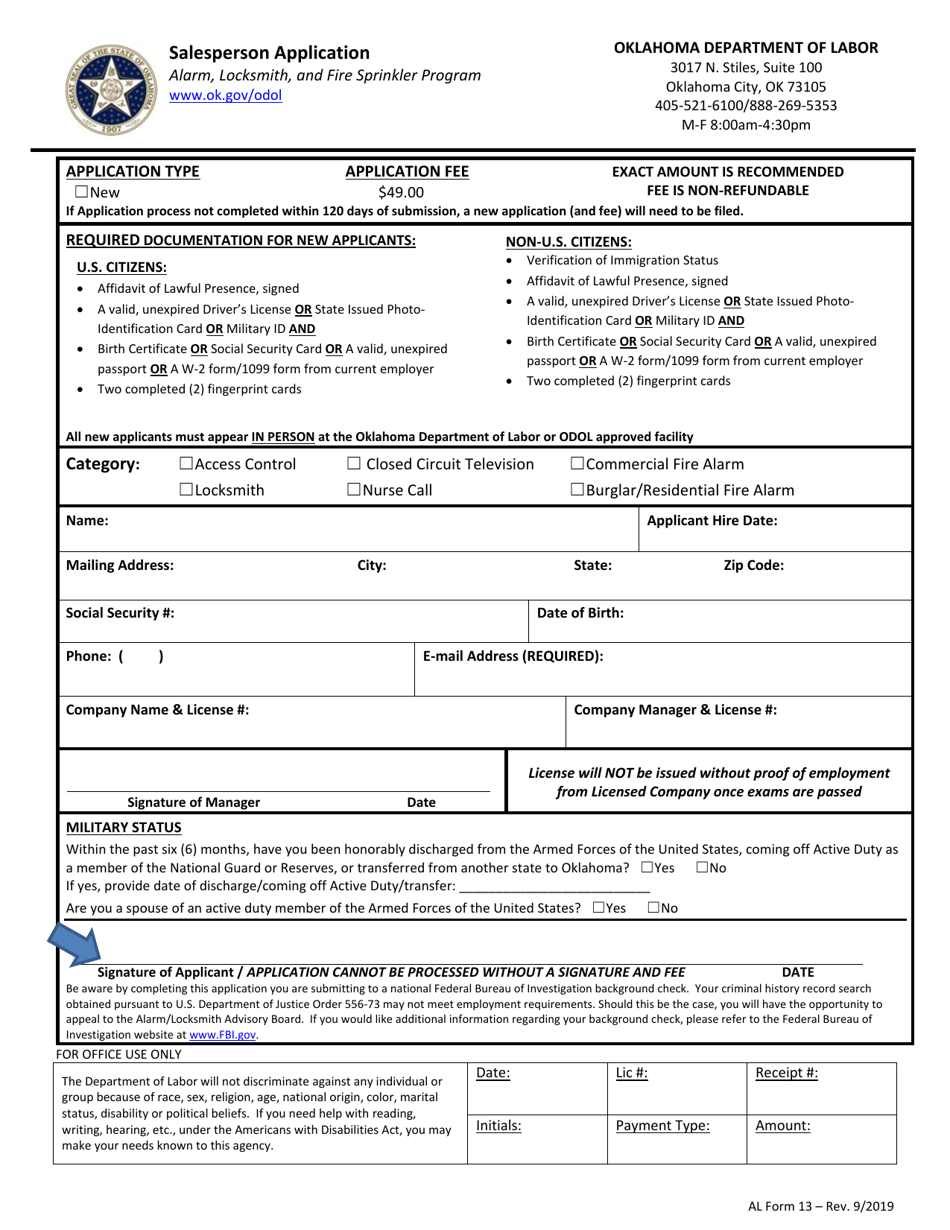 AL Form 13 Salesperson Application - Alarm, Locksmith, and Fire Sprinkler Programins - Oklahoma, Page 1