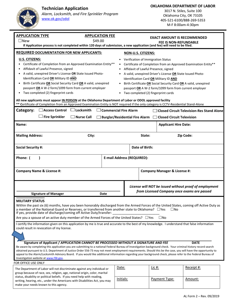 AL Form 2 Technician Application - Alarm, Locksmith, and Fire Sprinkler Program - Oklahoma, Page 1
