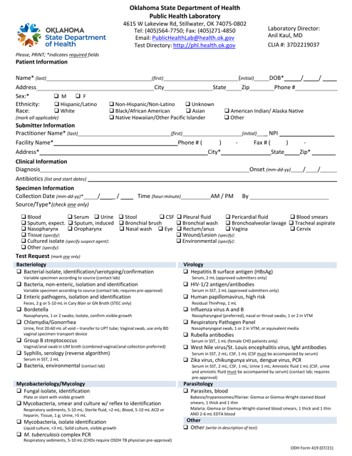 OSDH Form 419  Printable Pdf