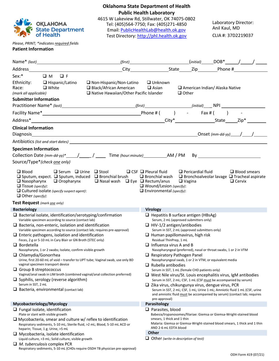 OSDH Form 419 Laboratory Requisition - Oklahoma, Page 1
