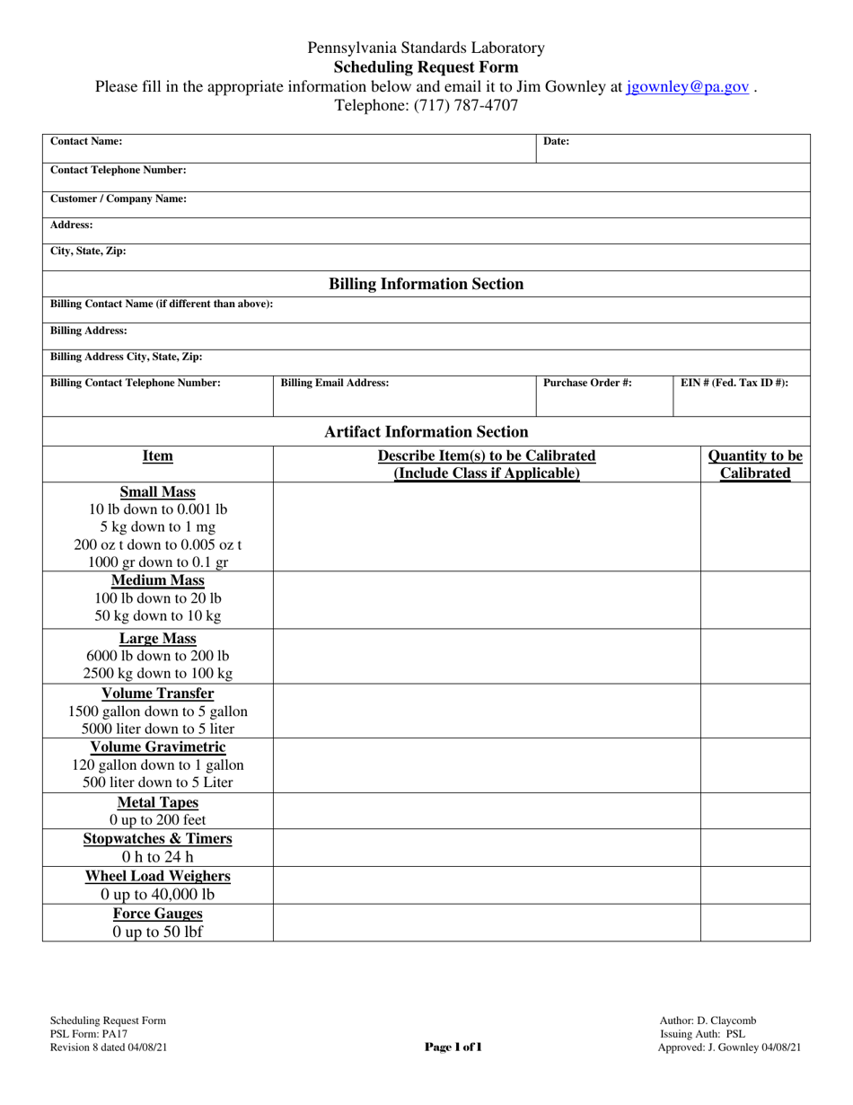 PSL Form PA17 Scheduling Request Form - Pennsylvania, Page 1
