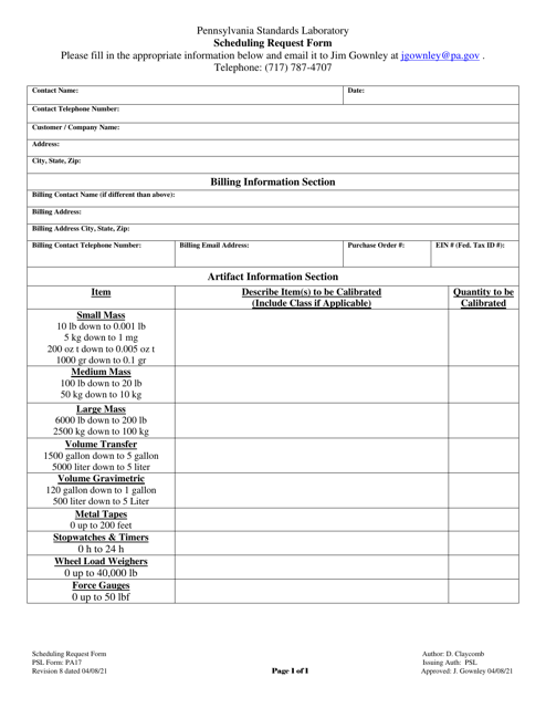 PSL Form PA17 Scheduling Request Form - Pennsylvania