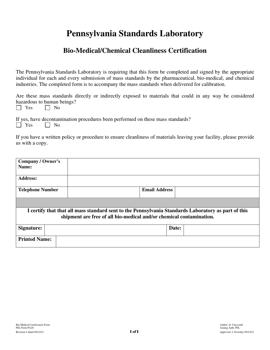 PSL Form PA20 Bio-Medical / Chemical Cleanliness Certification - Pennsylvania, Page 1