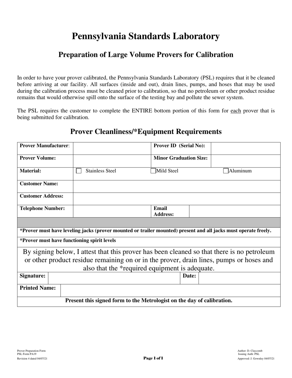 PSL Form PA19 Preparation of Large Volume Provers for Calibration - Pennsylvania, Page 1