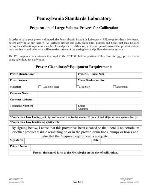 PSL Form PA19 Preparation of Large Volume Provers for Calibration - Pennsylvania