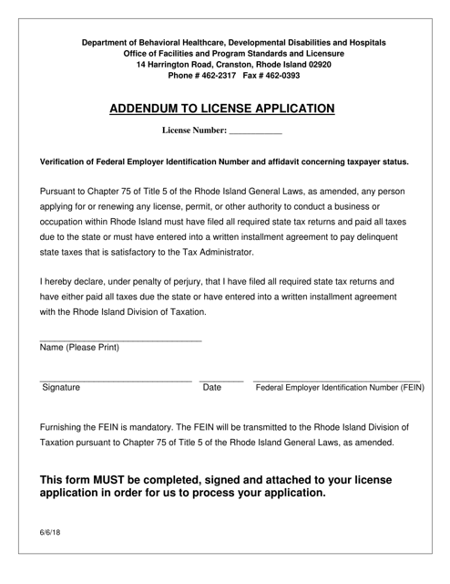 Addendum to License Application - Rhode Island