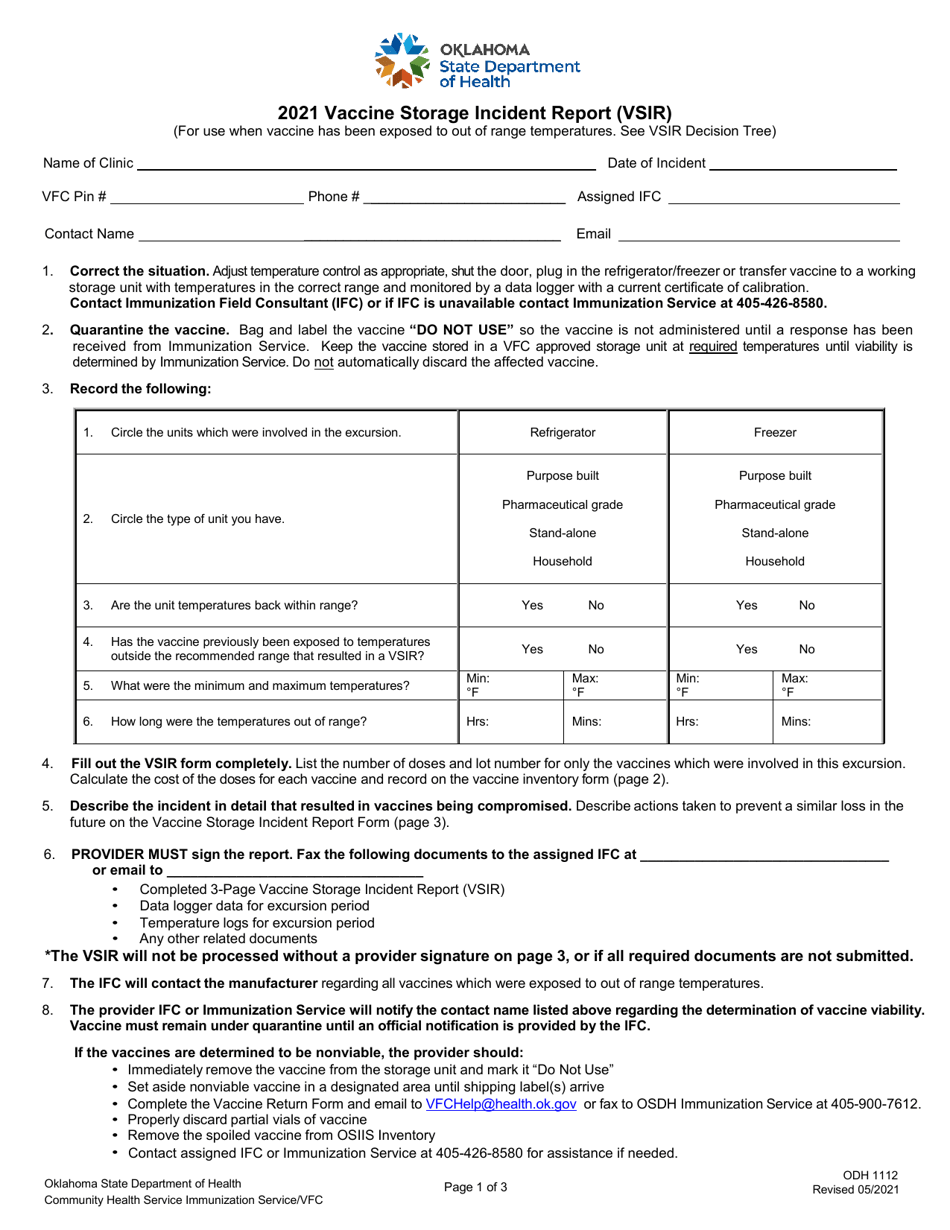 ODH Form 1112 Vaccine Storage Incident Report (Vsir) - Oklahoma, Page 1