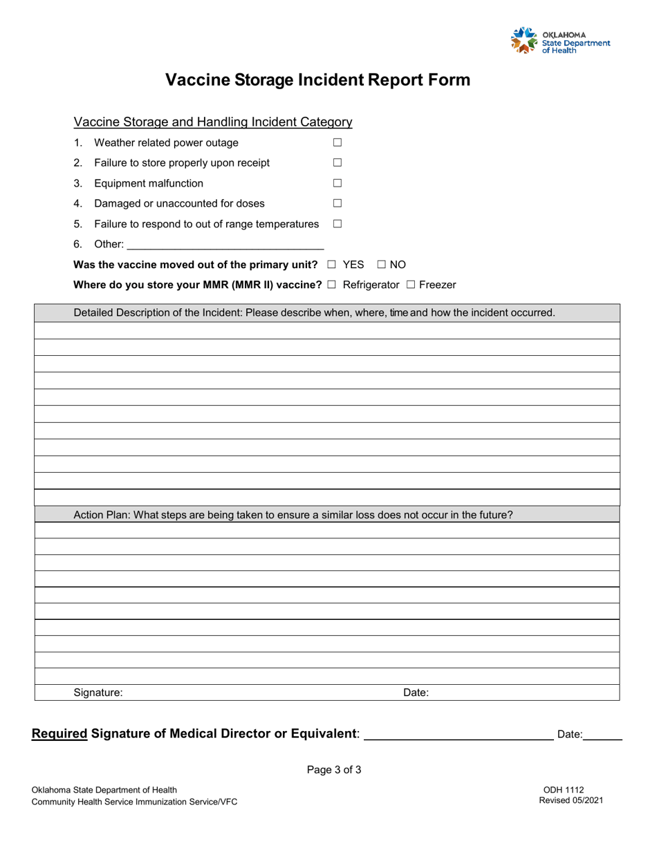 ODH Form 1112 Vaccine Storage Incident Report (Vsir) - Oklahoma, Page 3