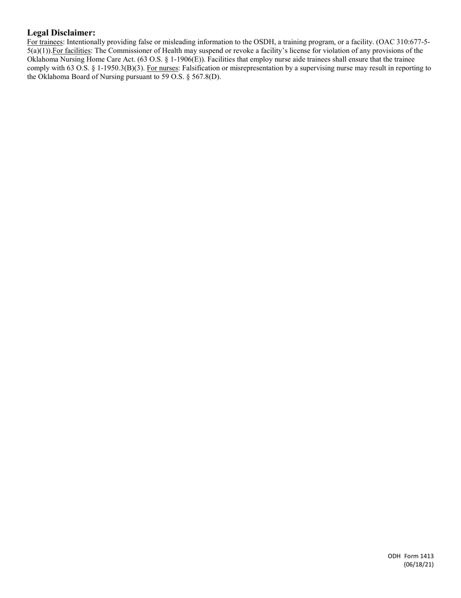 ODH Form 1413 Affirmation of Training for Long Term Care Aides - Oklahoma, Page 4