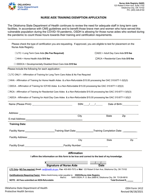 ODH Form 1412 Nurse Aide Training Exemption Application - Oklahoma