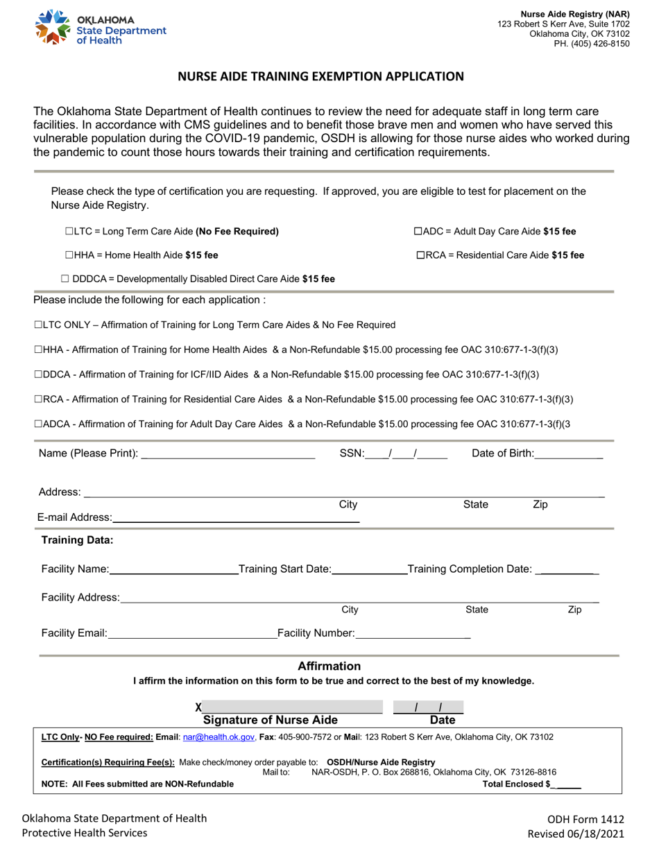 ODH Form 1412 Nurse Aide Training Exemption Application - Oklahoma, Page 1