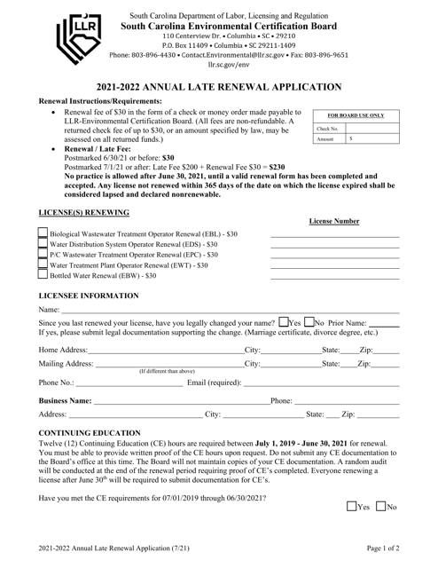 Annual Late Renewal Application - South Carolina, 2022