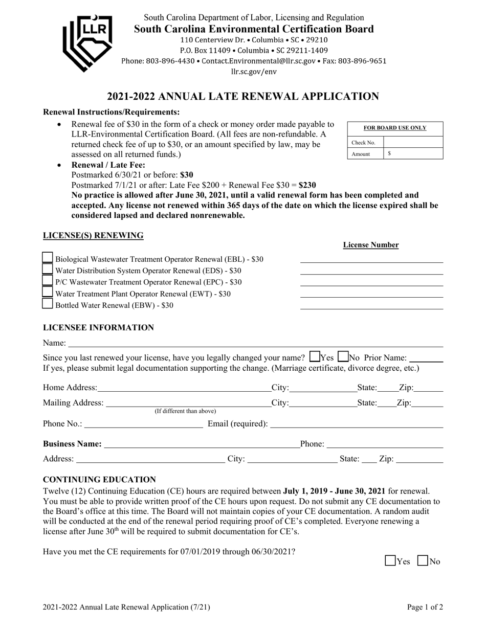 Annual Late Renewal Application - South Carolina, Page 1