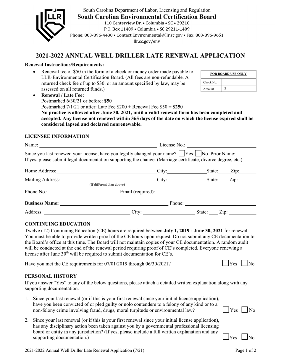 Annual Well Driller Late Renewal Application - South Carolina, Page 1
