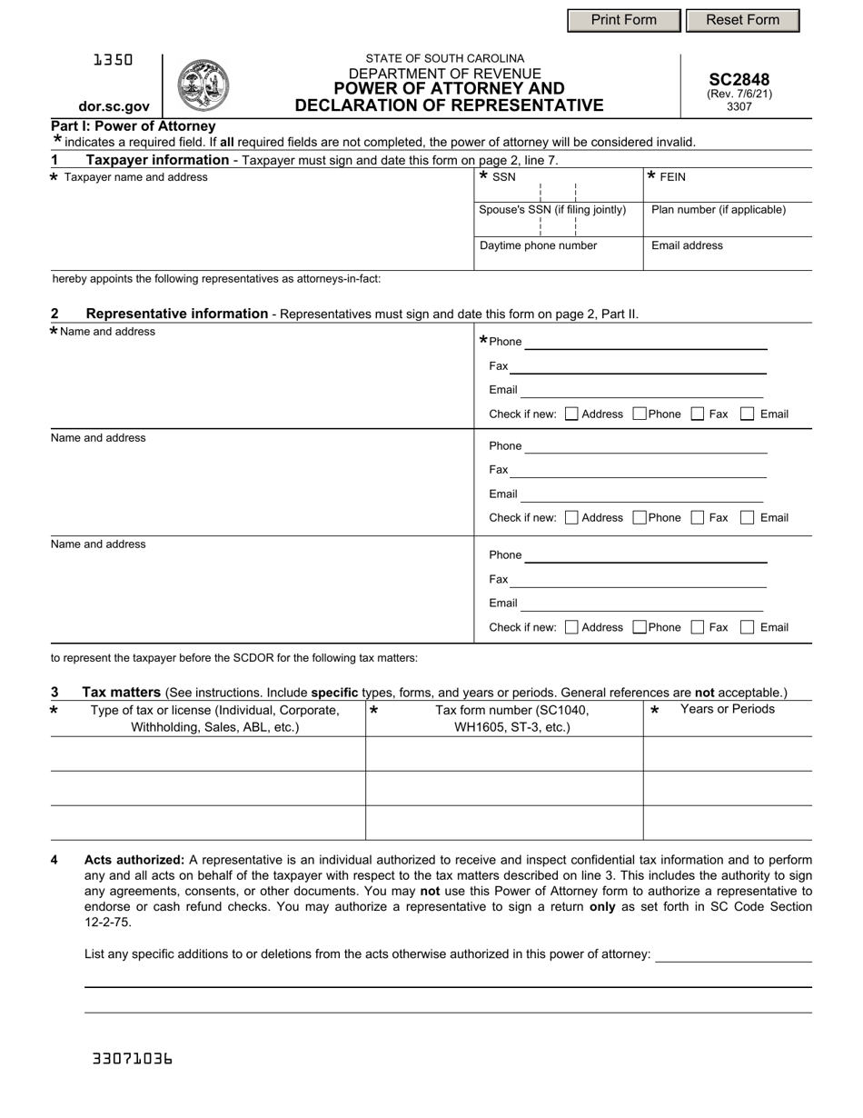 Form SC2848 Power of Attorney and Declaration of Representative - South Carolina, Page 1