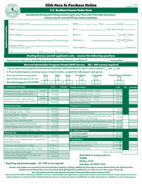 Form 21-12869 S.c. Resident License Order Form - South Carolina