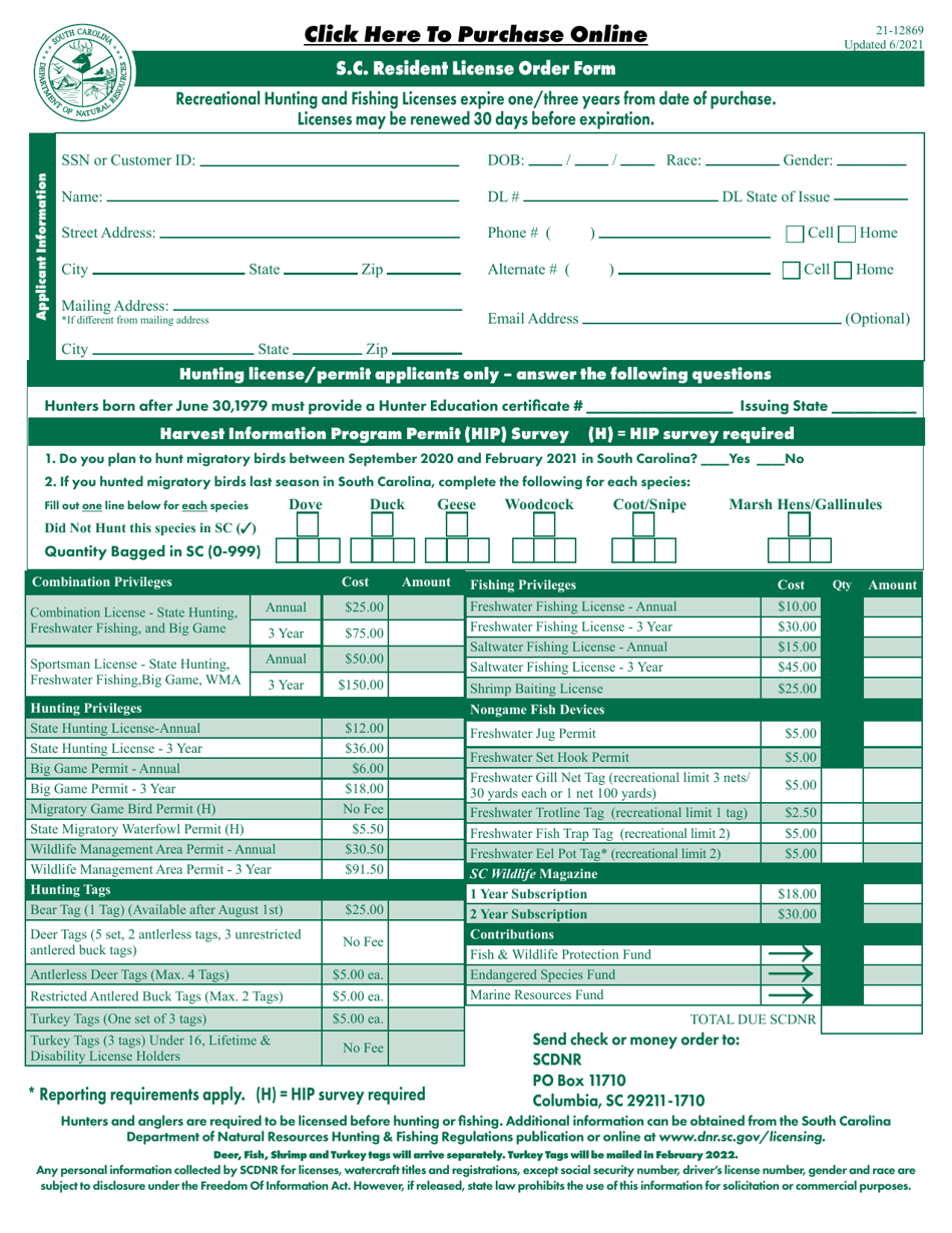 Form 21-12869 S.c. Resident License Order Form - South Carolina, Page 1