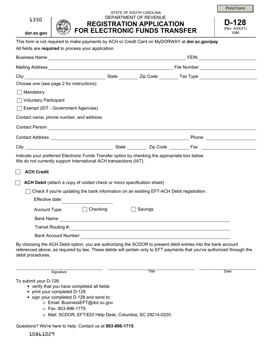 Form D-128 Registration Application for Electronic Funds Transfer - South Carolina, Page 1