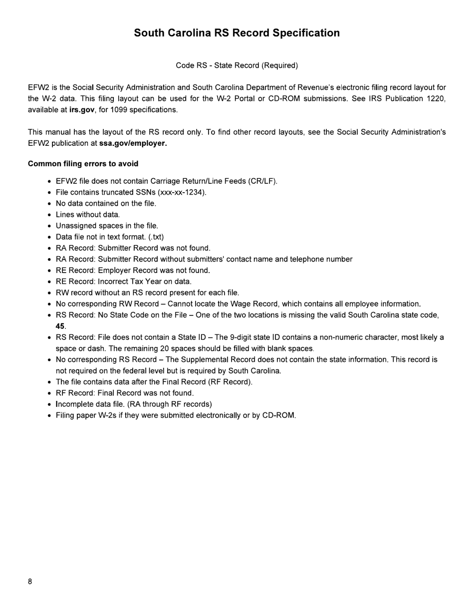 Form RS-1 Instructions and Specifications for Filing W-2s - South Carolina, Page 10
