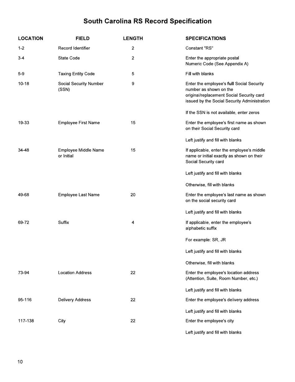 Form RS-1 Instructions and Specifications for Filing W-2s - South Carolina, Page 12