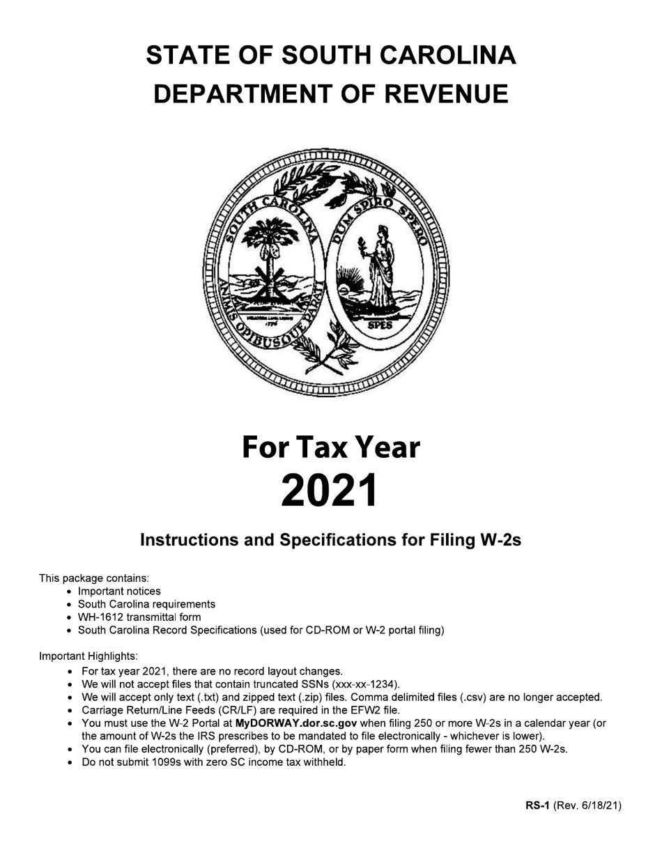 Form RS-1 Instructions and Specifications for Filing W-2s - South Carolina, Page 1