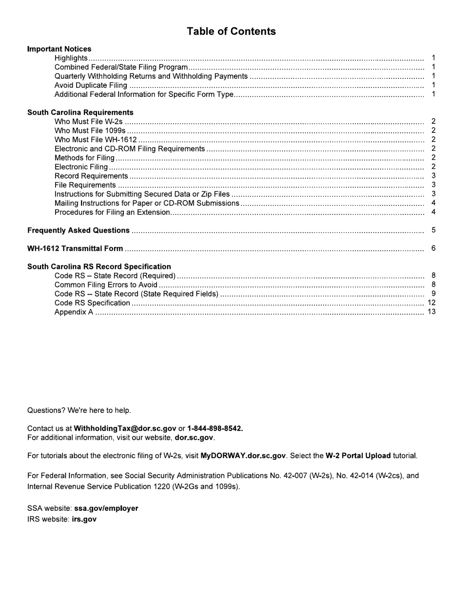 Form RS-1 Instructions and Specifications for Filing W-2s - South Carolina, Page 2