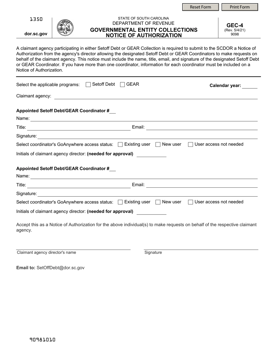 Form GEC-4 Governmental Entity Collections Notice of Authorization - South Carolina, Page 1