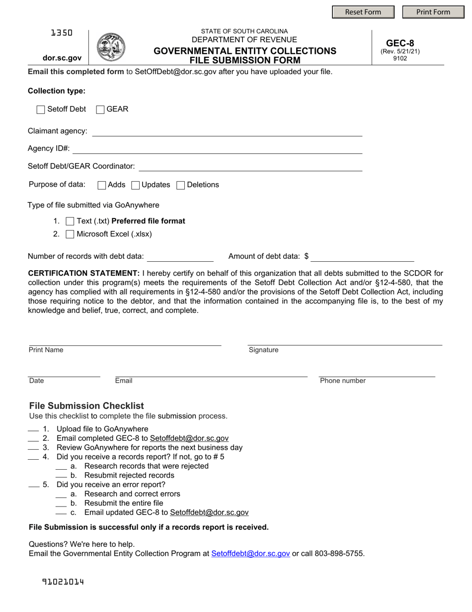 Form GEC-8 Governmental Entity Collections File Submission Form - South Carolina, Page 1