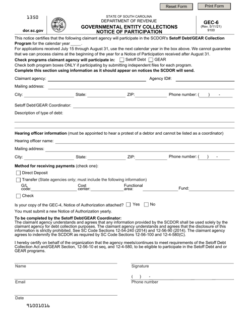 Form GEC-6 Governmental Entity Collections Notice of Participation - South Carolina