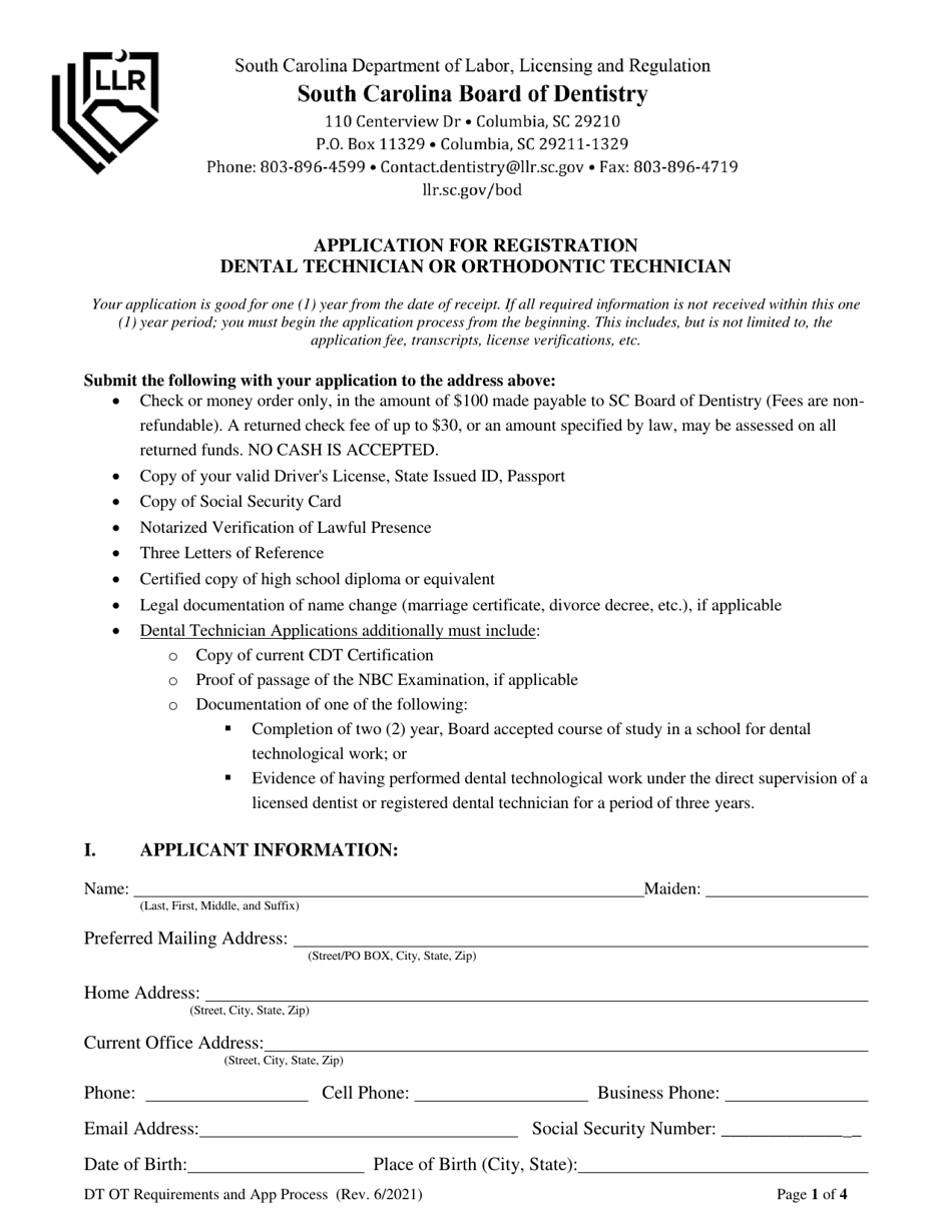 Application for Registration Dental Technician or Orthodontic Technician - South Carolina, Page 3
