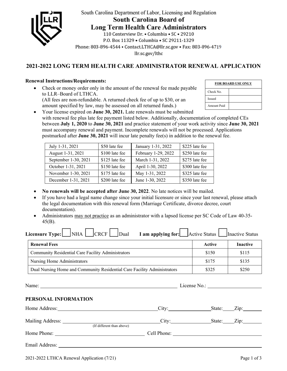 Long Term Health Care Administrator Renewal Application - South Carolina, Page 1