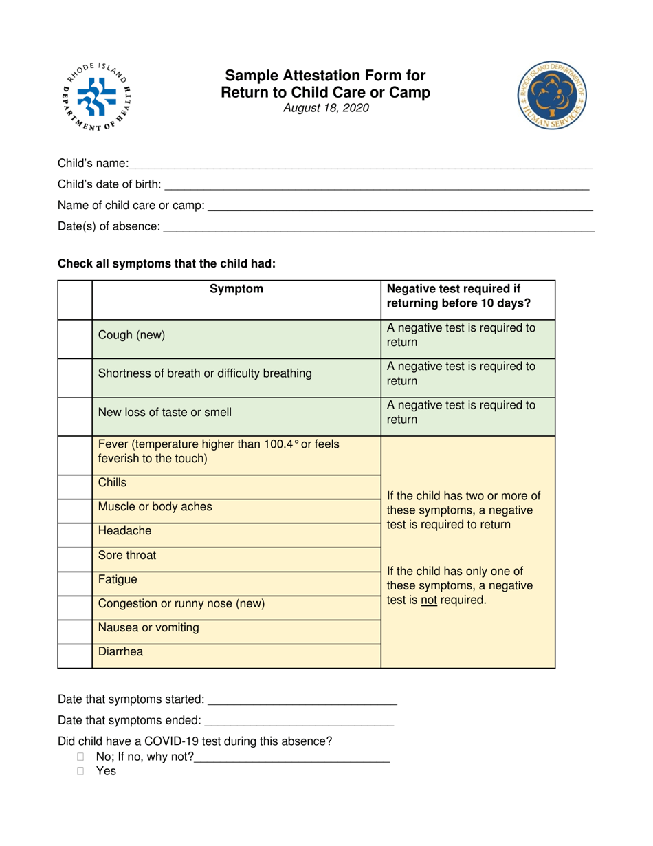 Sample Attestation Form for Return to Child Care or Camp - Rhode Island, Page 1