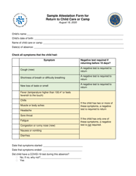 Document preview: Sample Attestation Form for Return to Child Care or Camp - Rhode Island