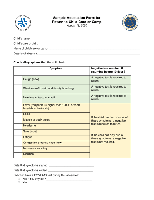 Sample Attestation Form for Return to Child Care or Camp - Rhode Island Download Pdf